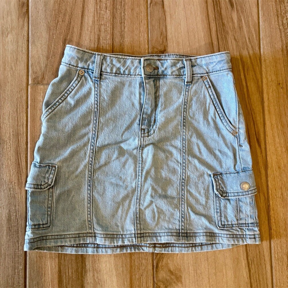 Cat & Jack Girls Denim Cargo Skirt Blue High Rise Stretch Pockets Size L